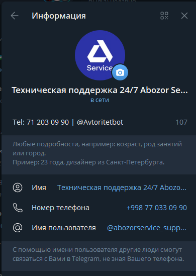 Скриншот личного профиля Abozor Service в Telegram